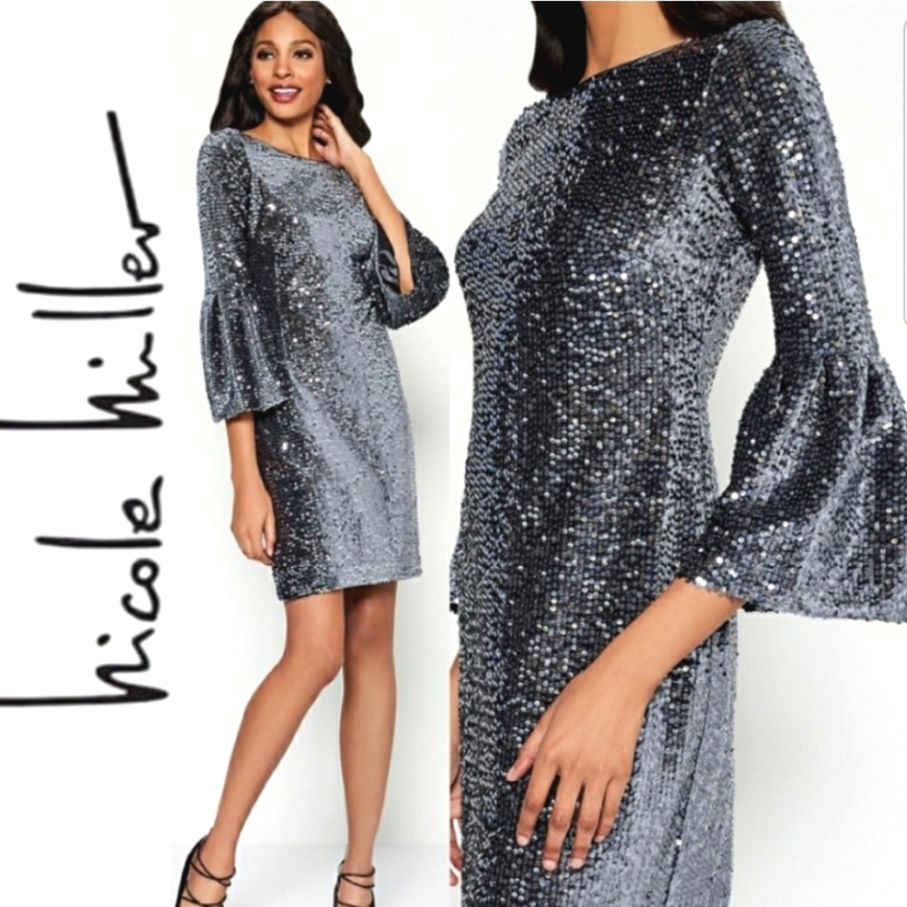 Nwt Nicole Miller NY Deep Gun Metal Silve Sequin Bell Ruffle Sleeve Velv…